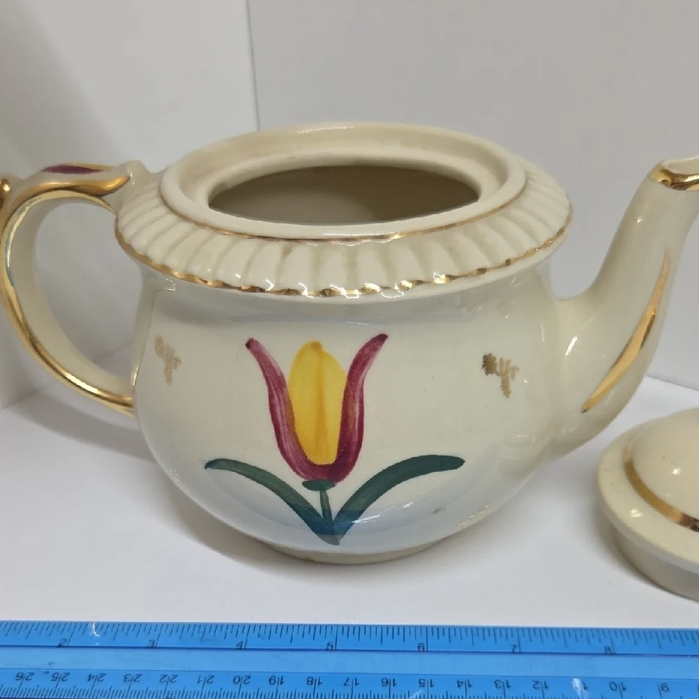 Floral Cream Teapot with Gold Accents
